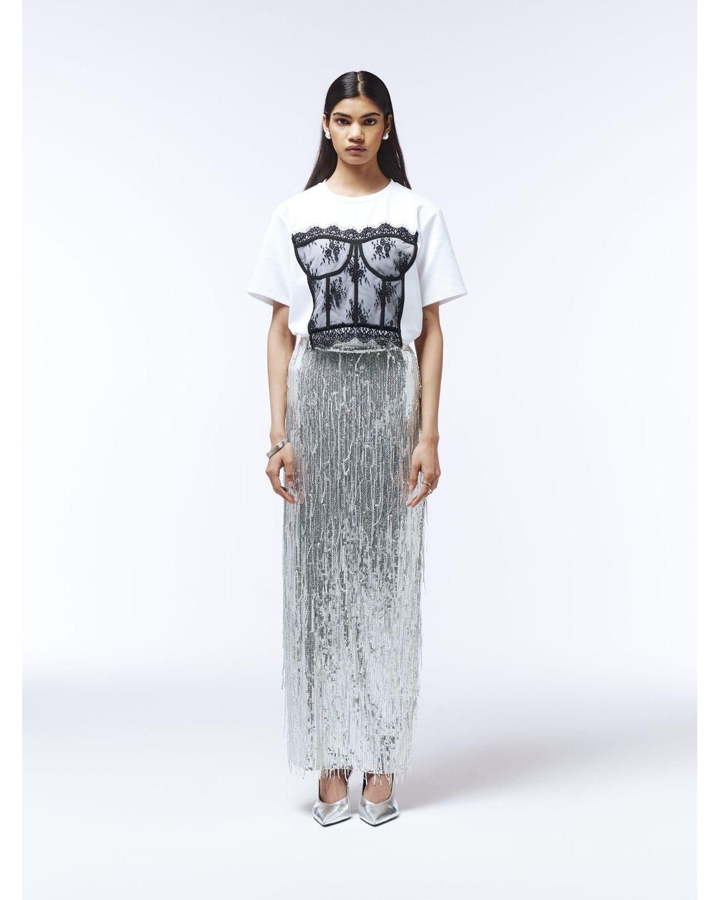 Sour Figs Gray Lace Corset-Appliqué T-Shirt