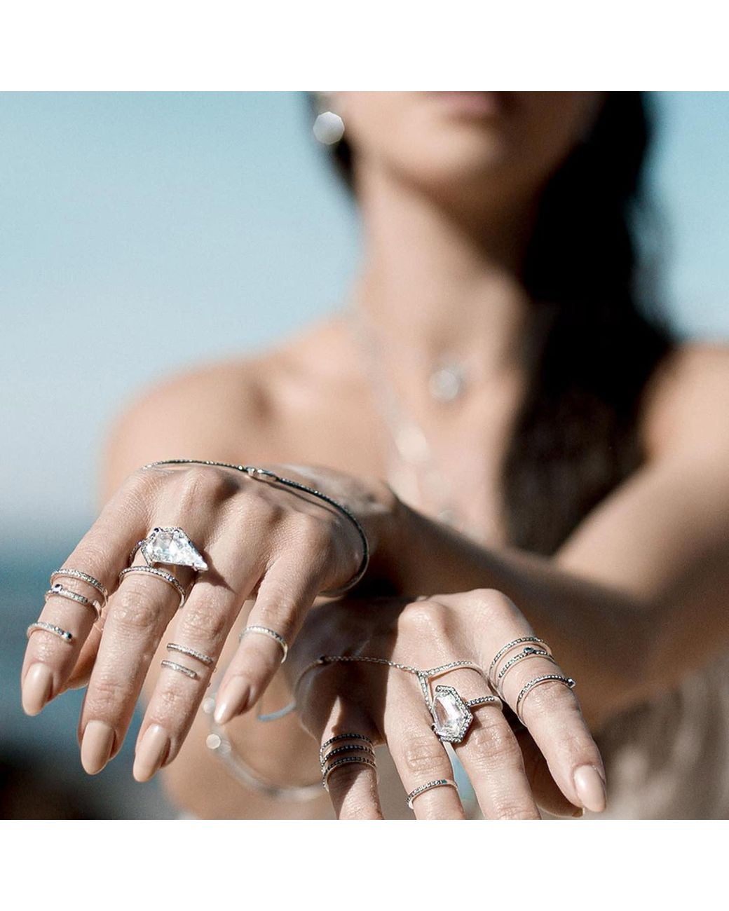 SALLY SKOUFIS Metallic Blade Ring With Natural Diamond & Made Cz Diamond Stimulant