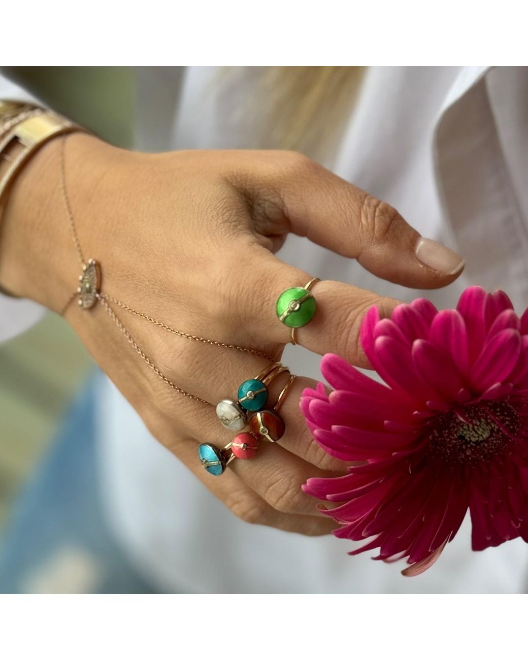 Ecce | Artisan Diamonds Blue Enamelled Mini Multi Diamond Buttons 14K Ring