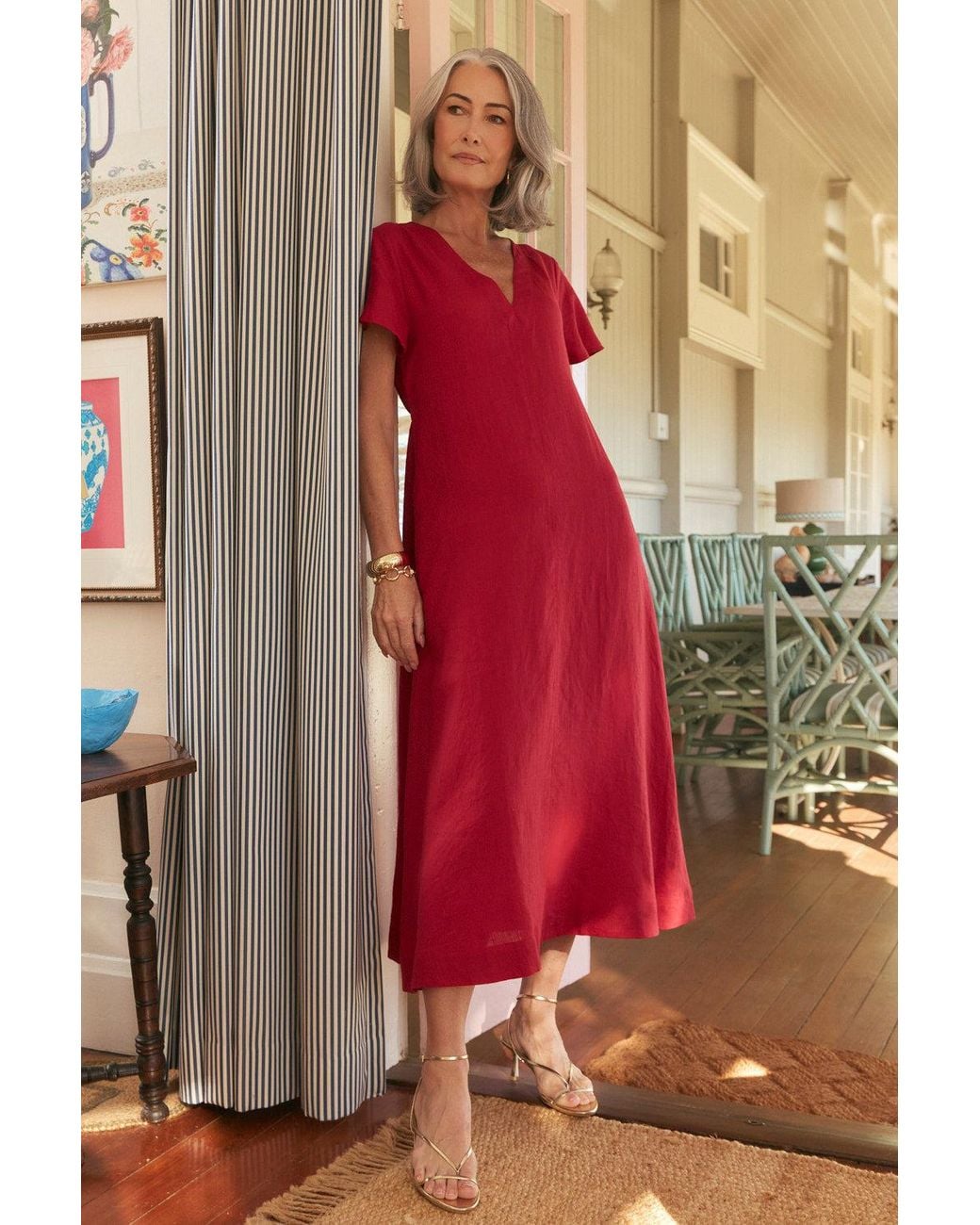 Adrift Clothing Red Tatum Linen Flutter Sleeve Dress