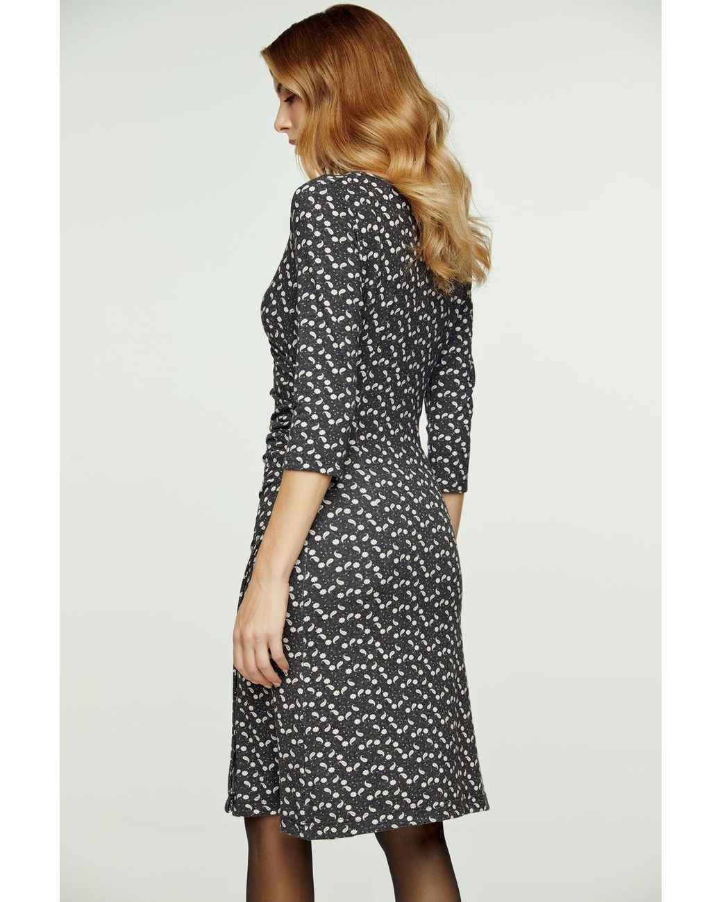Conquista Black Print Faux Wrap Wool Dress