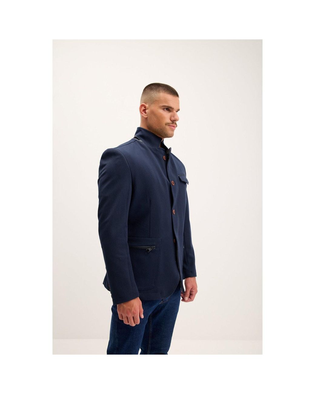 Ron Tomson Blue Stand Collar Denim Blazer for men