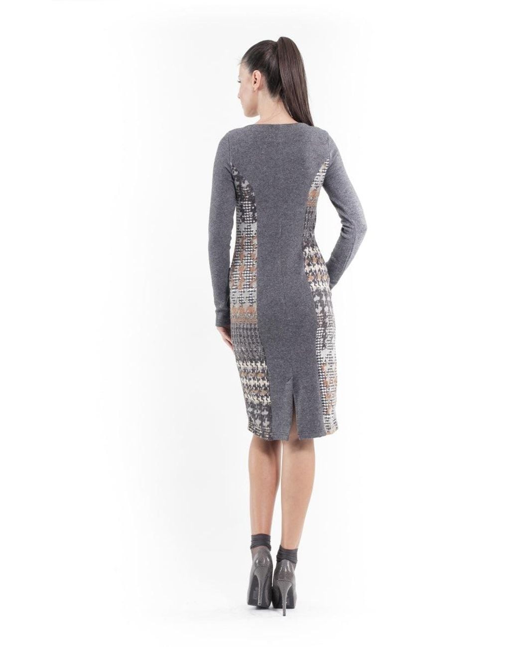 Conquista Gray Patterned Straight Sweater Dress