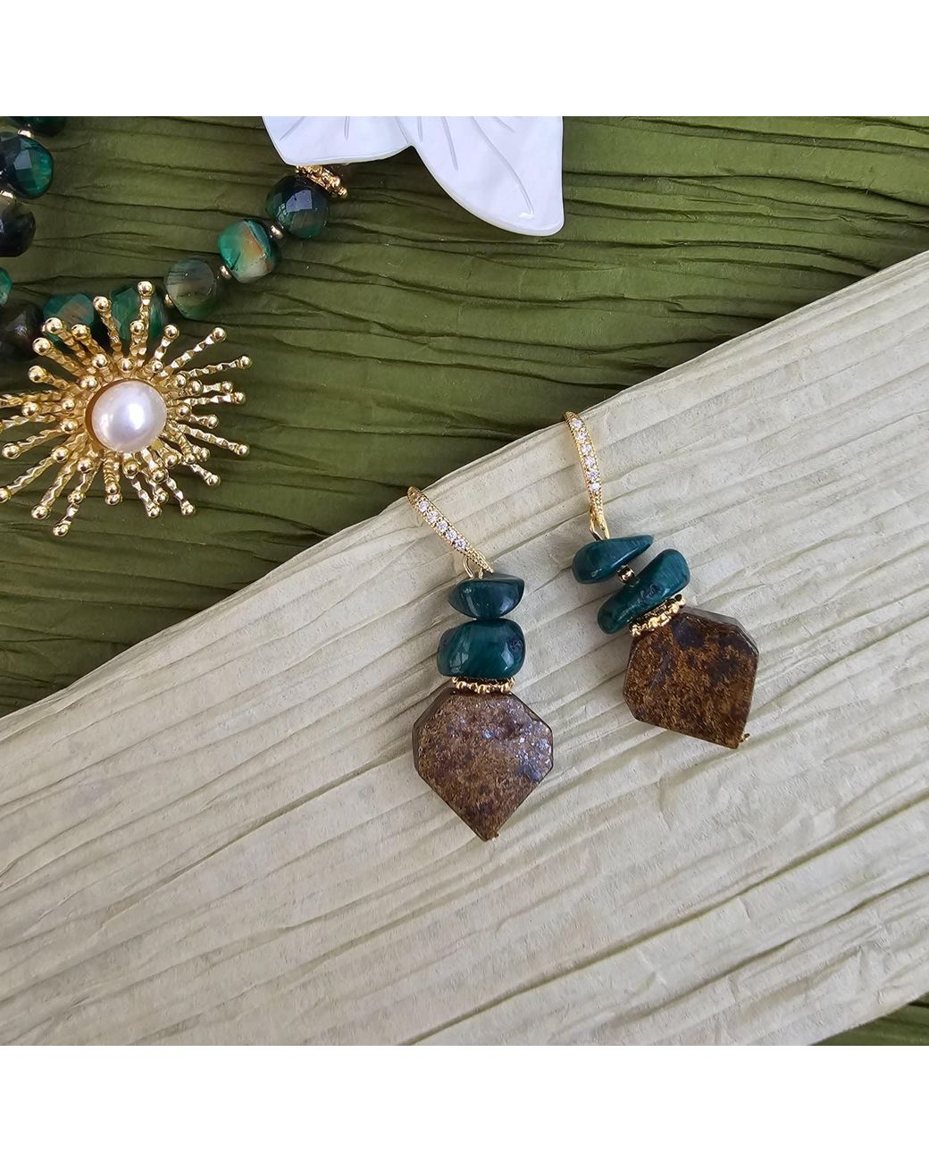 Farra Green Tiger-Eye With Bamboo Coral Earrings