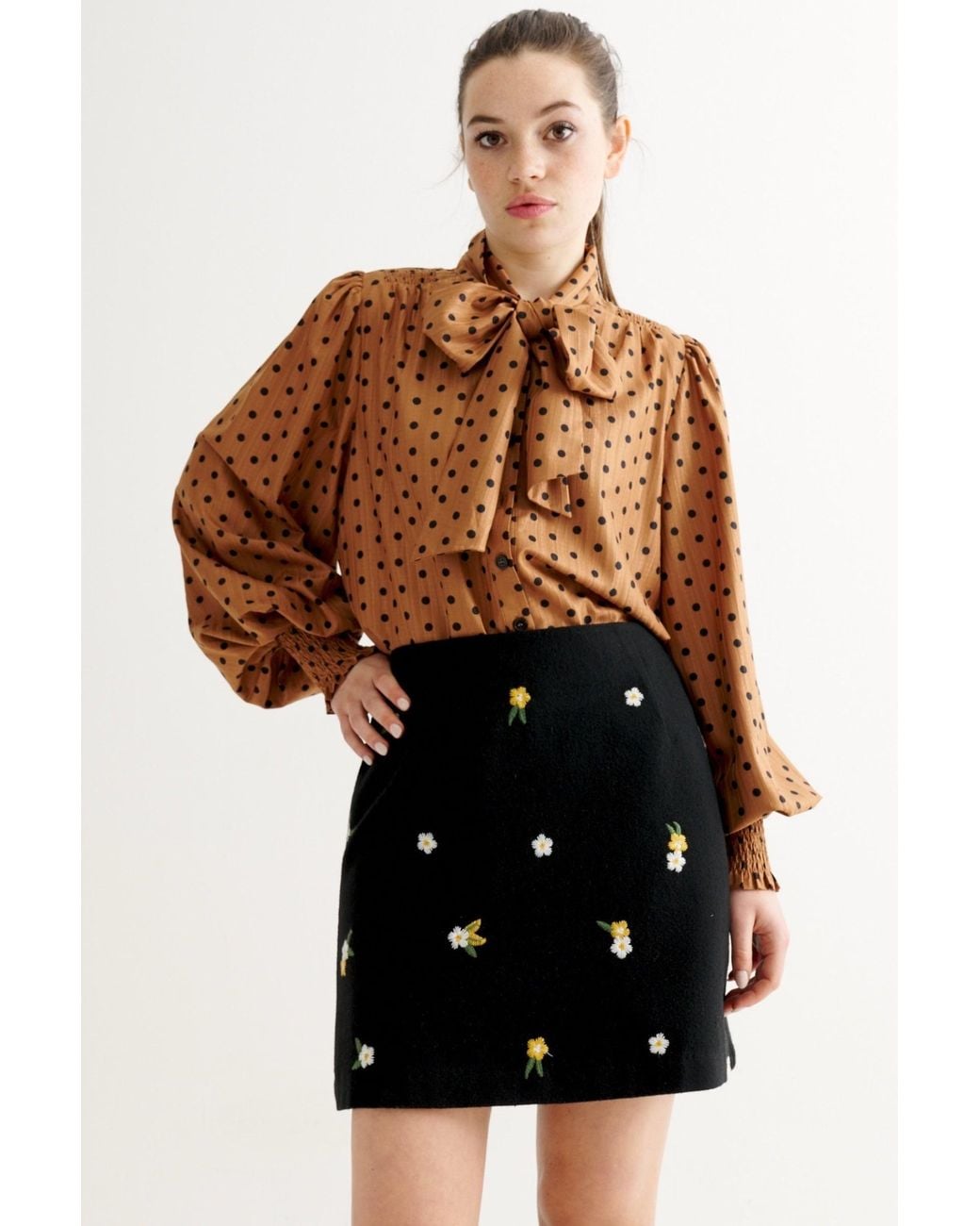 Louche Blue Aubin Daisy Embroidered Tweed A-Line Skirt