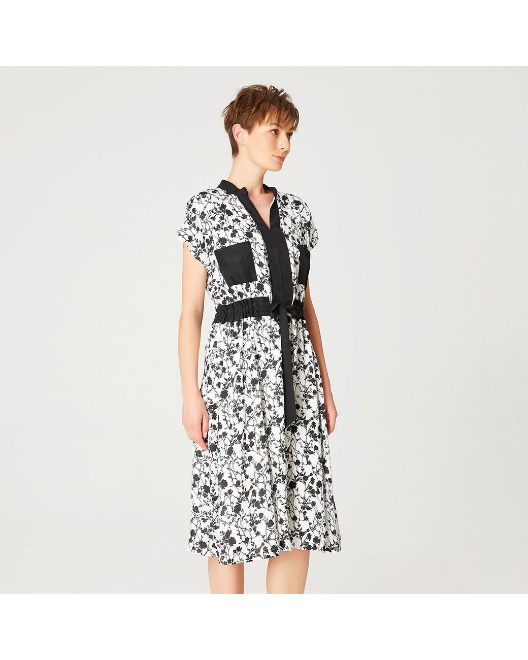 Smart and Joy Black Bi-Material Dress With Monochrome Floral Print And Drawstring Belt