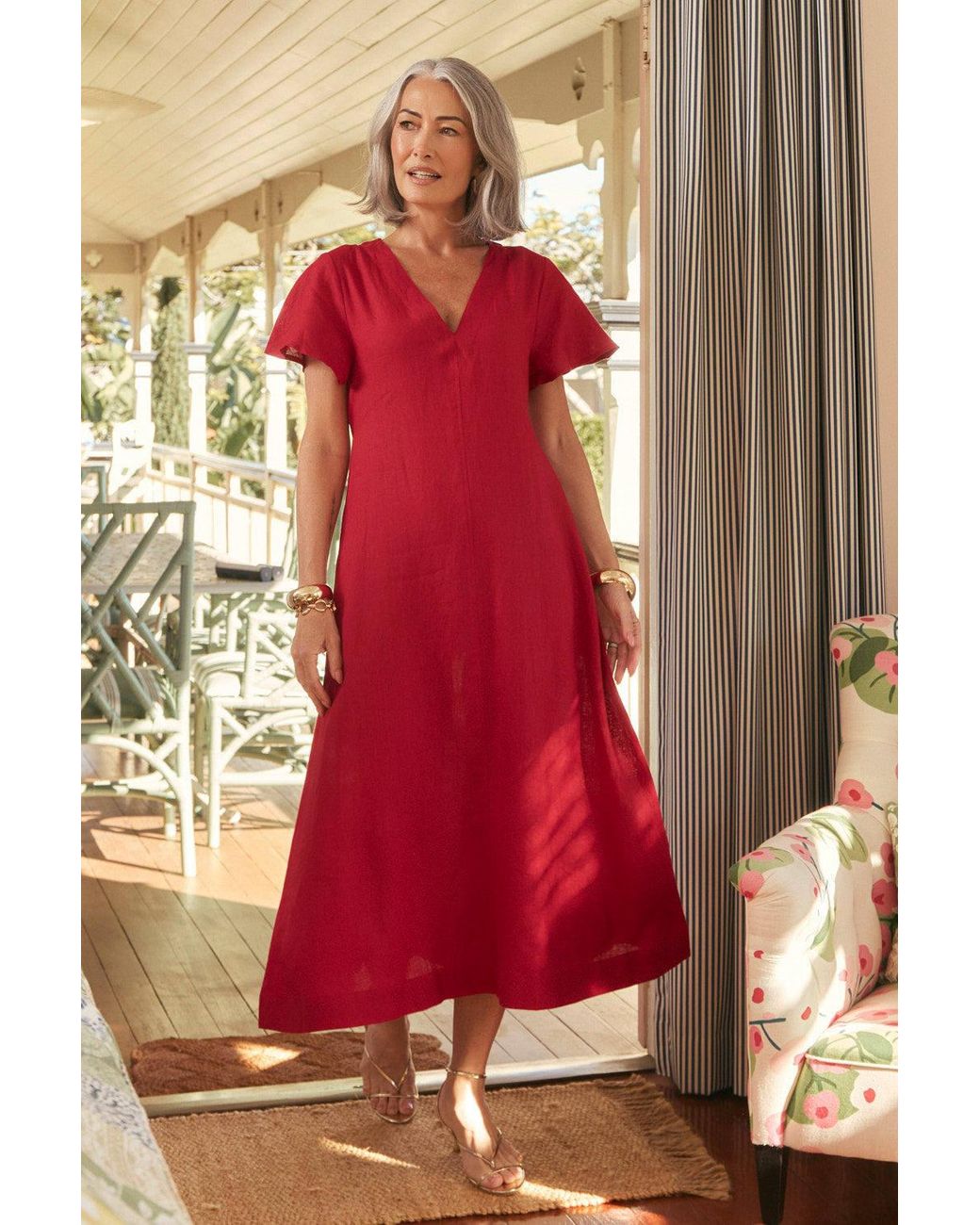 Adrift Clothing Red Tatum Linen Flutter Sleeve Dress