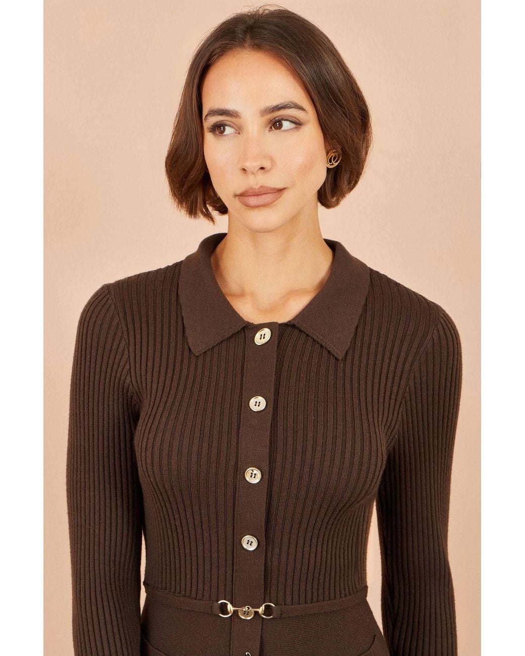 Yumi' Brown Rib Knit Midi Shirt Dress With Snaffle Belt
