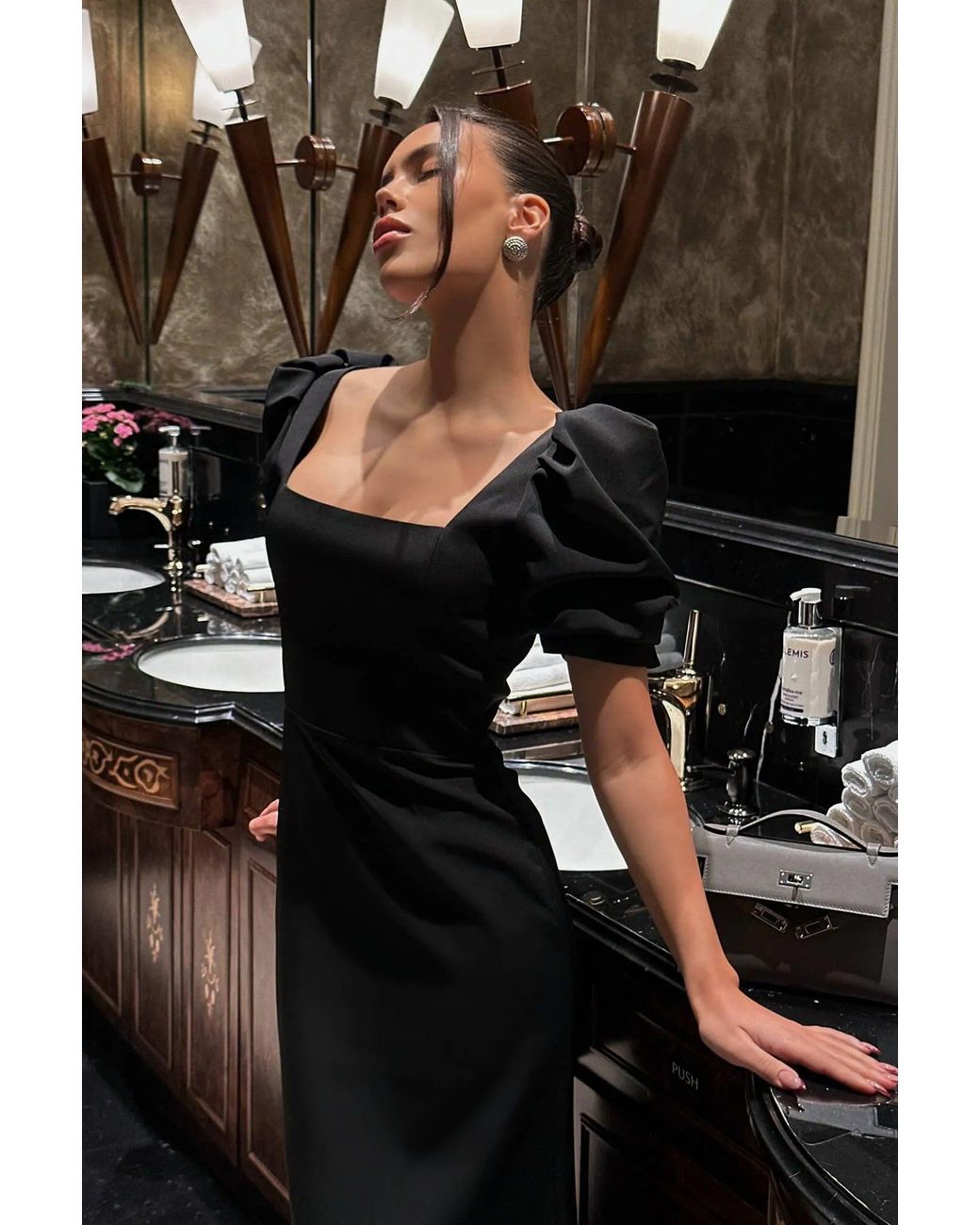 POST MERIDIEM Black Godet Silhouette Square Neck Midi Dress