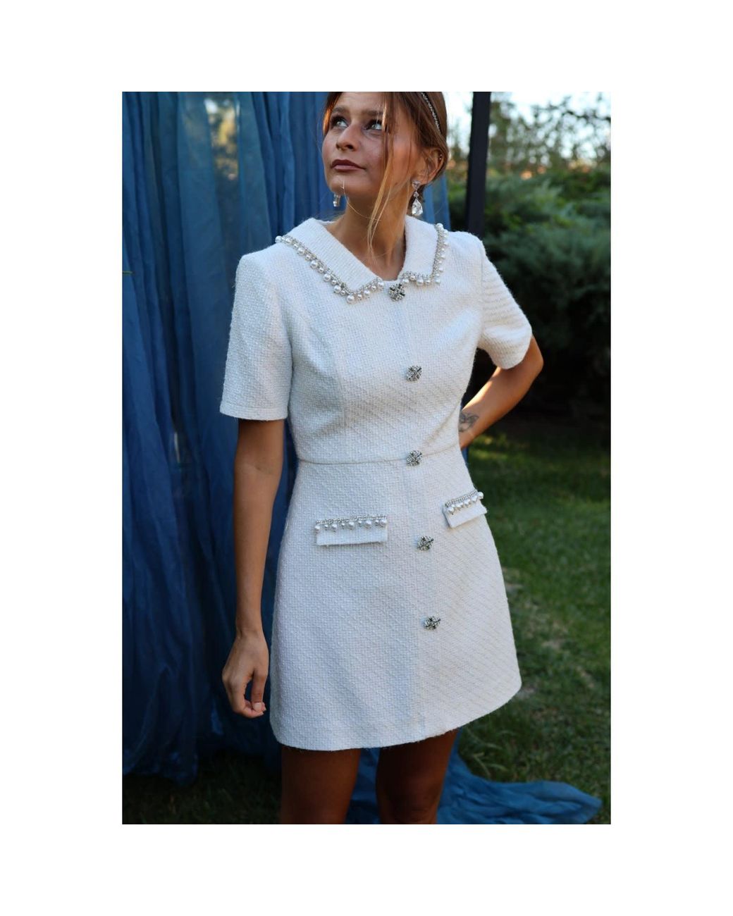 Gushka White Tweed Embellished Mini Dress