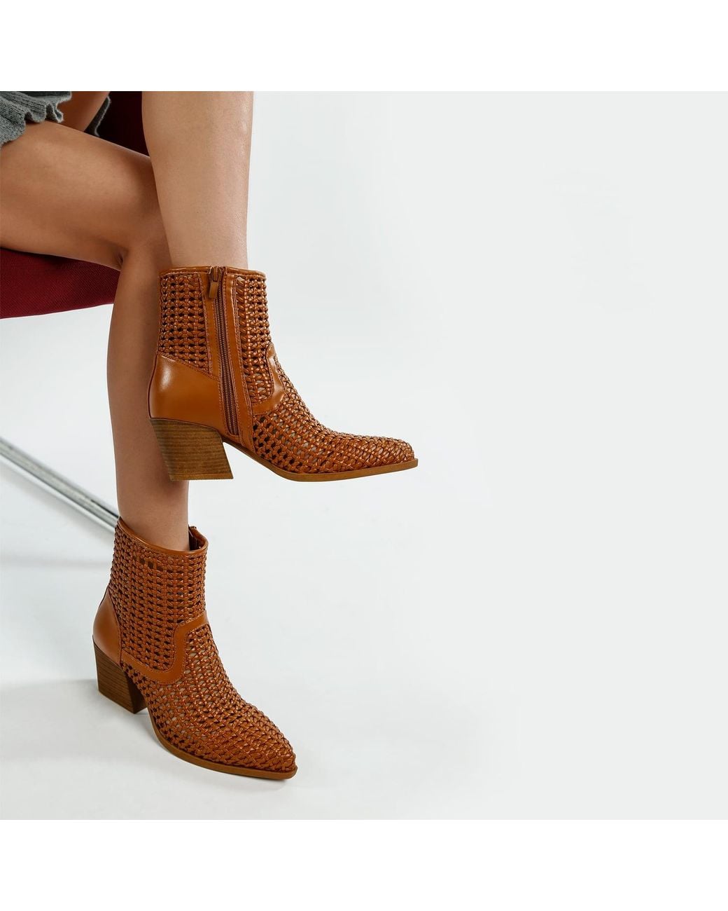 Rag & Co Brown Artisole Woven Pleather Block Heel Boots