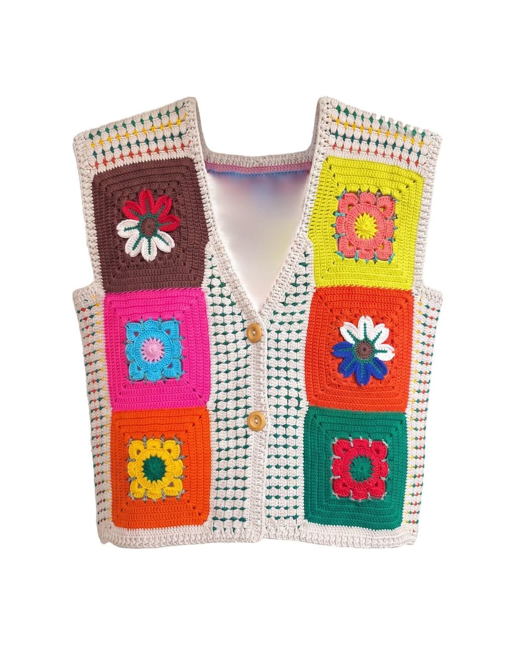 Ana Chic Multicolor Bright Bloom Granny Square Handmade Crochet Waistcoat