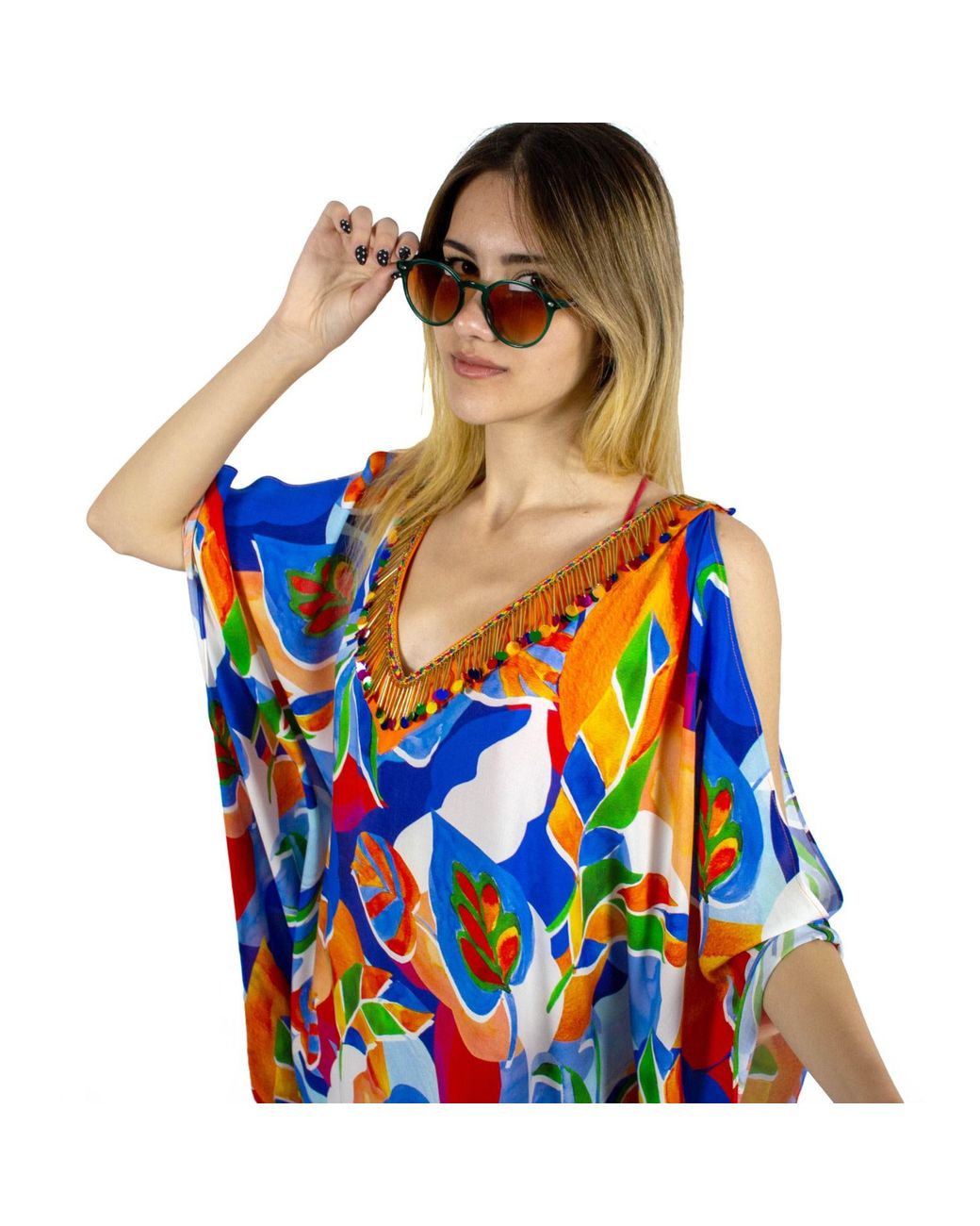 Lalipop Design Blue Colorful Leaf Print Open Shoulder Viscose Kaftan