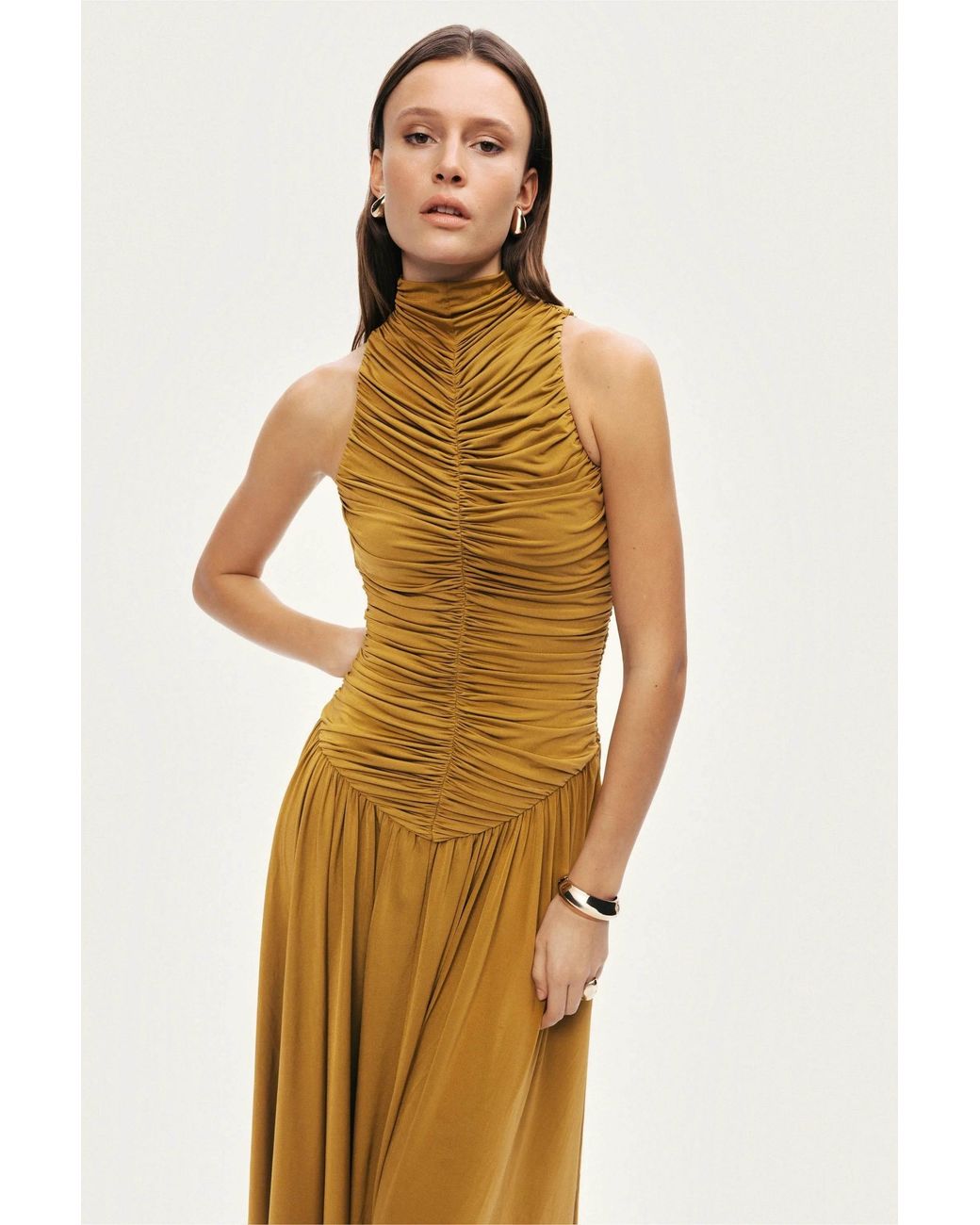 Nocturne Metallic Ruched High-Neck Maxi Dress