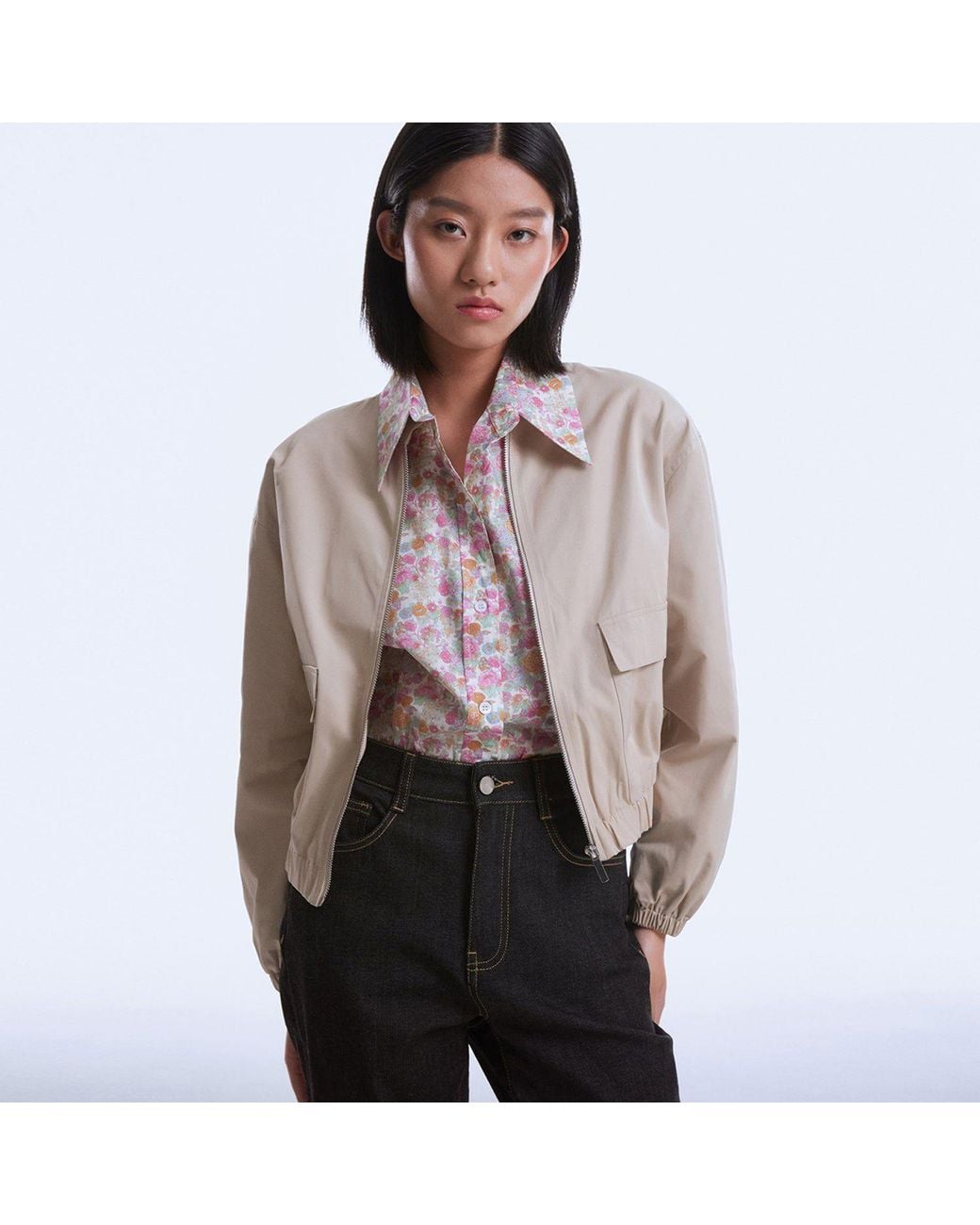 Smart and Joy Natural Neutrals Cropped Bomber Jacket