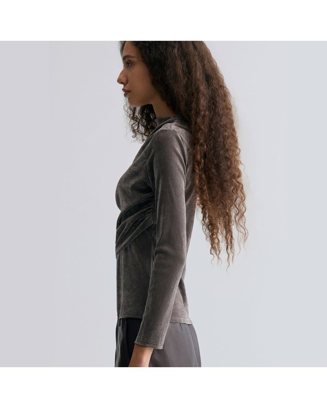 FRONT ROW SHOP Gray Velvet Mesh Asymmetric Draped Top