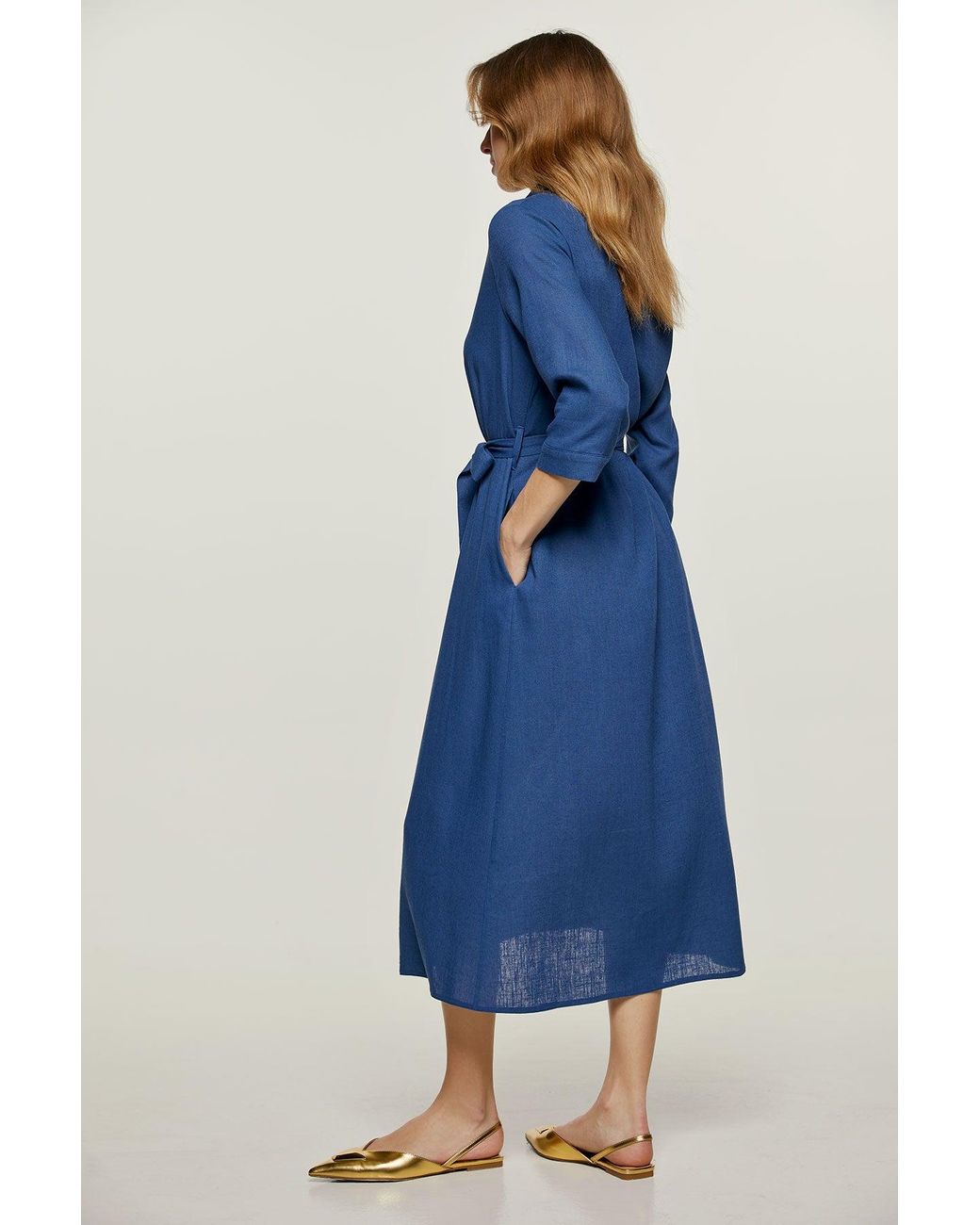Conquista Blue Linen Style Midi Dress With Belt
