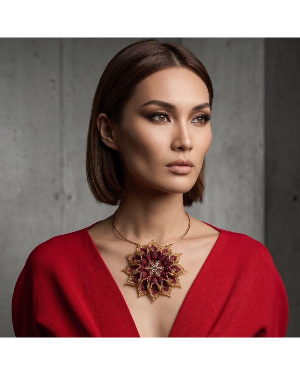 Iliana Arrazola Red Dahlia Flower Choker, Glass Beads, Beaded Jewelry