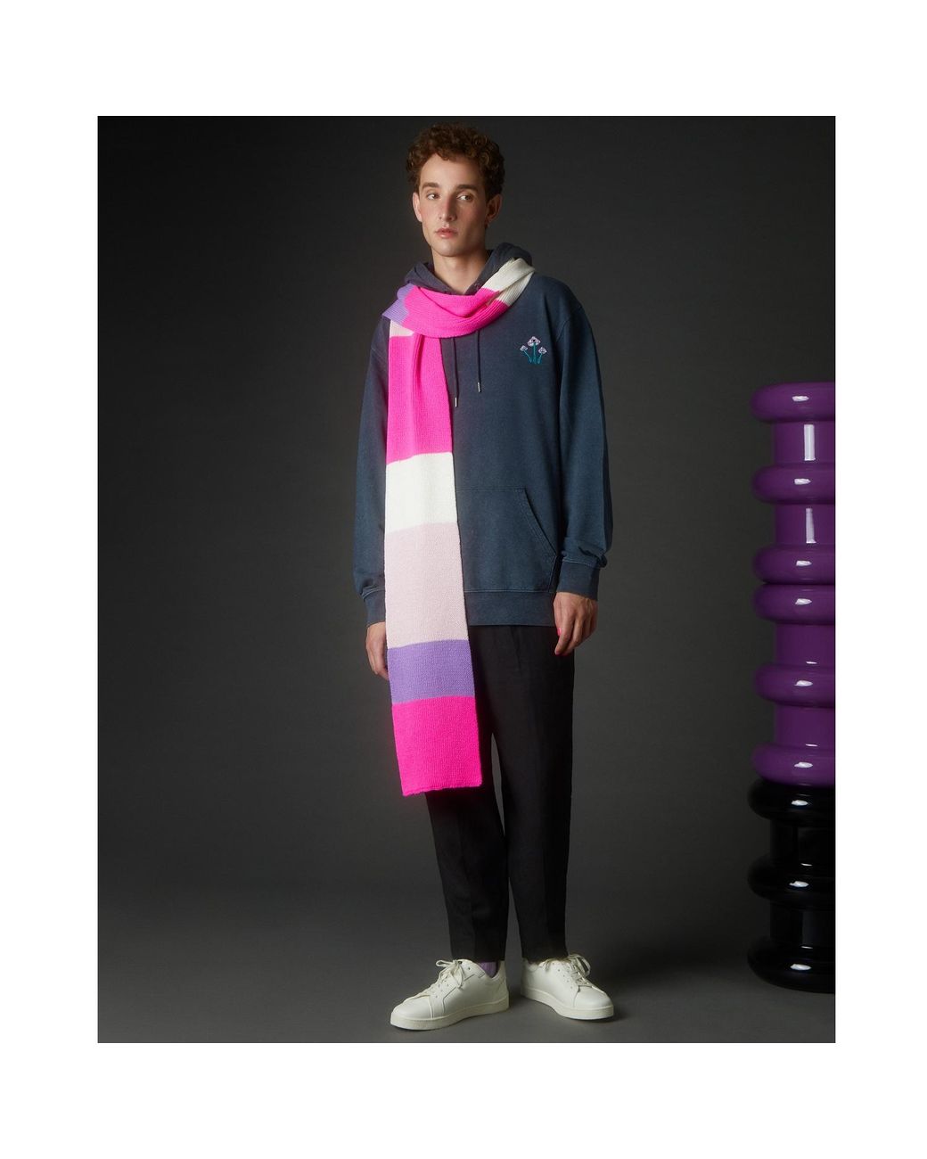 INGMARSON Pink Ribbed Colour Block Wool & Cashmere Scarf for men