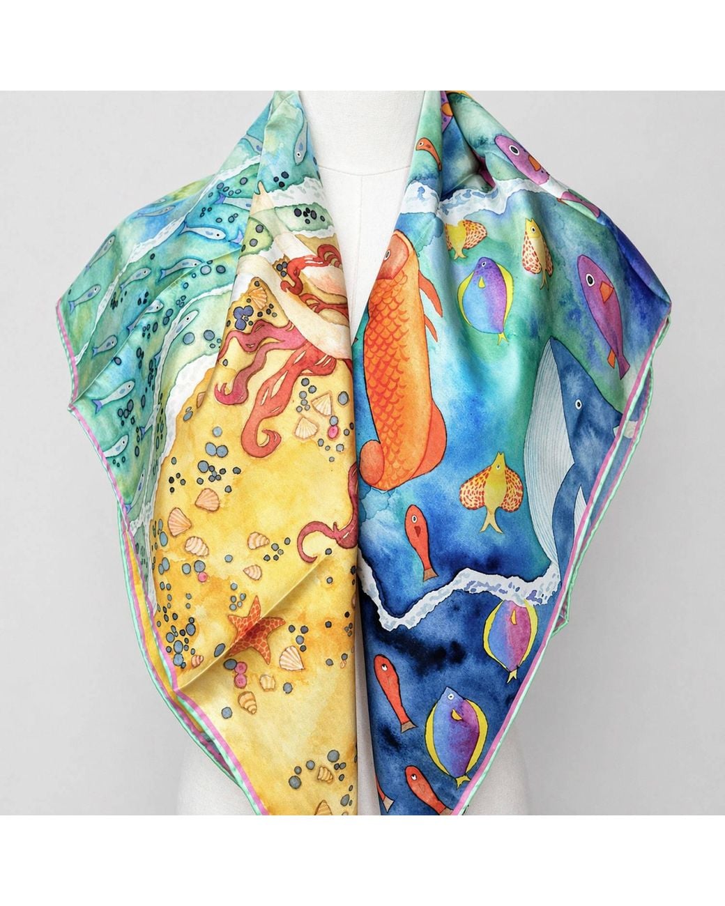 Wenzi Blue Aquatic Serenade Hand Painted Pattern Double Sided Silk Twill Scarf
