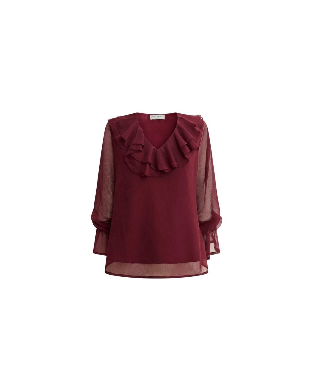 James Lakeland Red Burgundy Sheer-Sleeve Ruffle Blouse