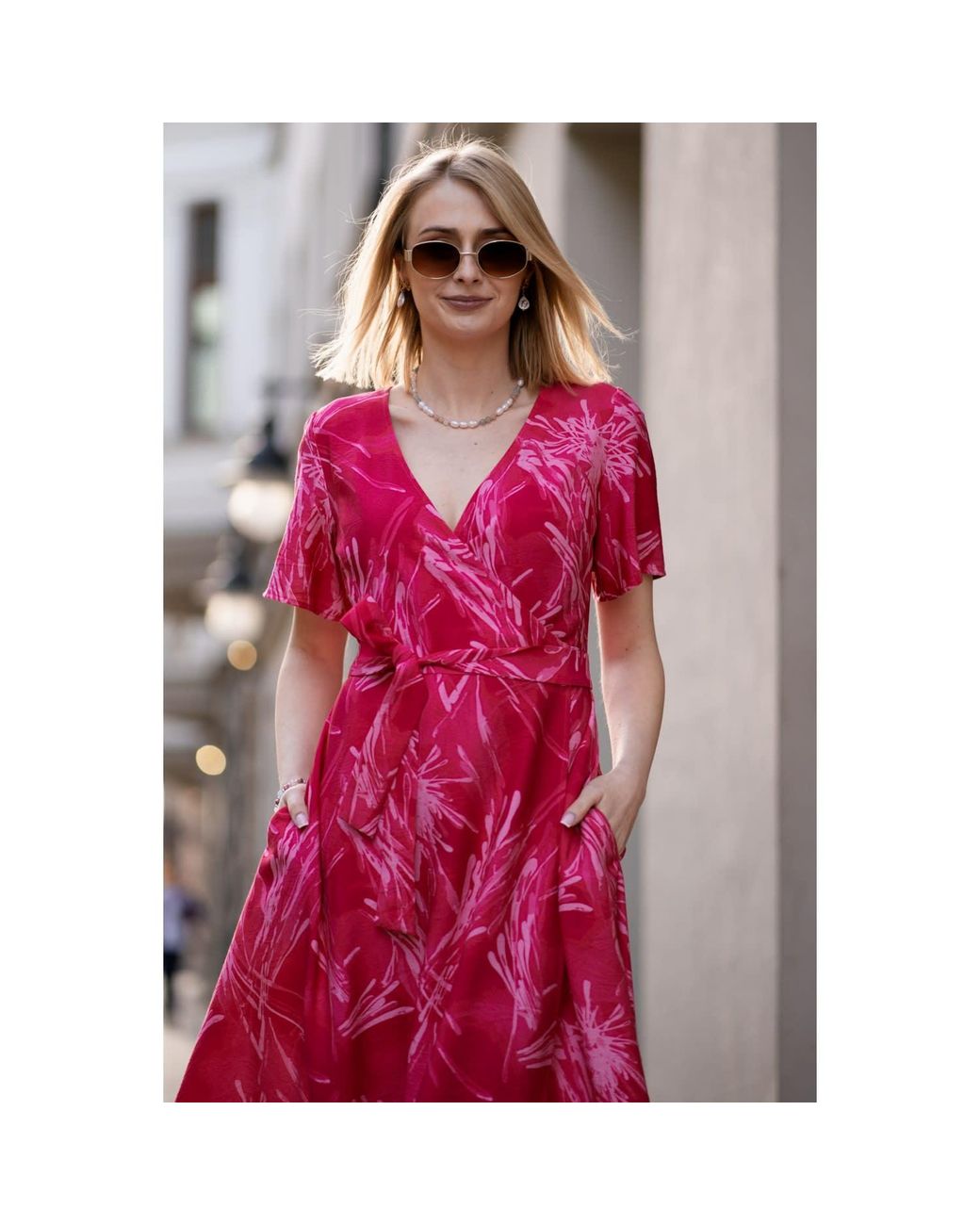 Oh!Zuza Pink Rose Echo Viscose Wrap Dress With Pockets