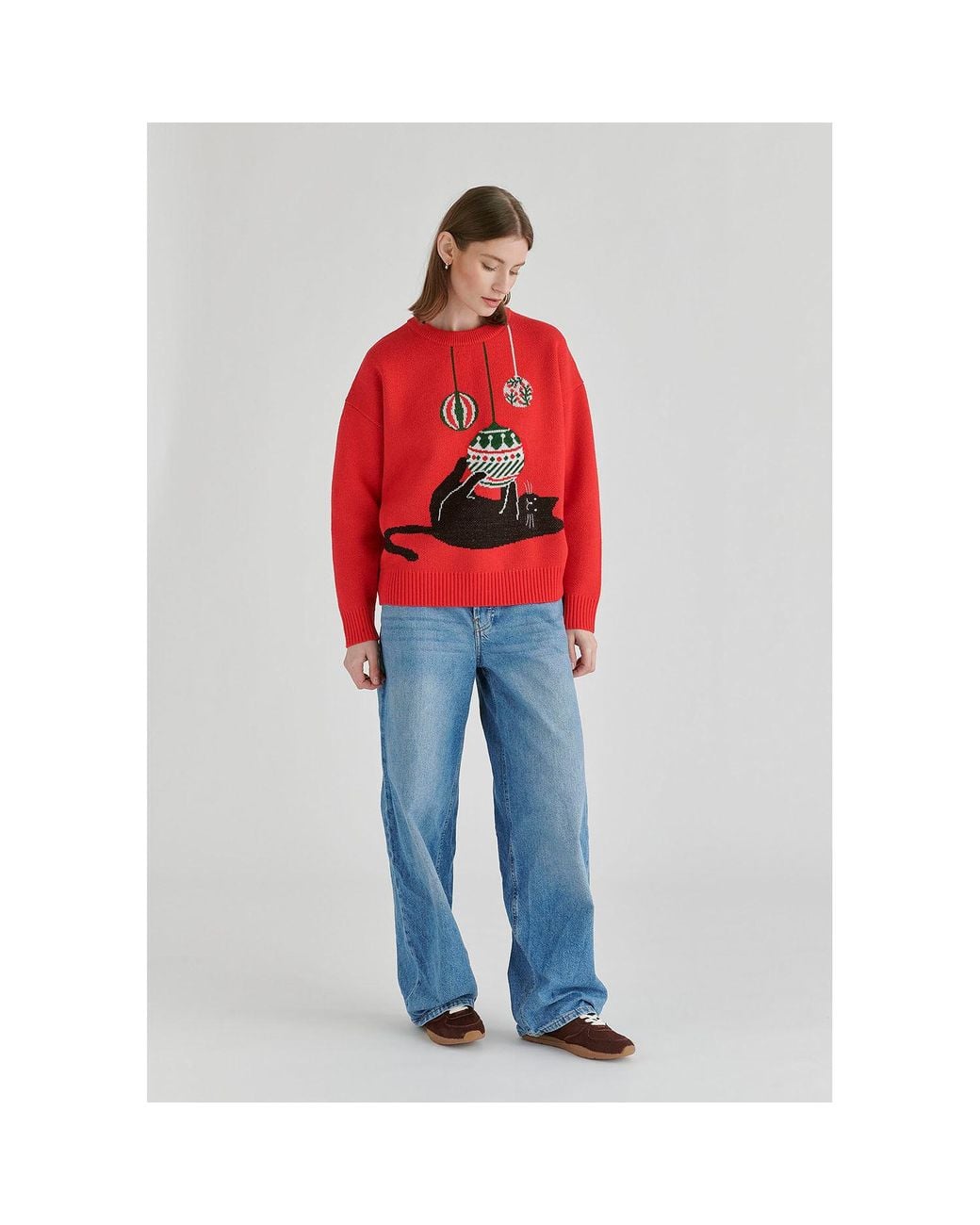 Paisie Red Christmas Jumper With Cat And Baubles