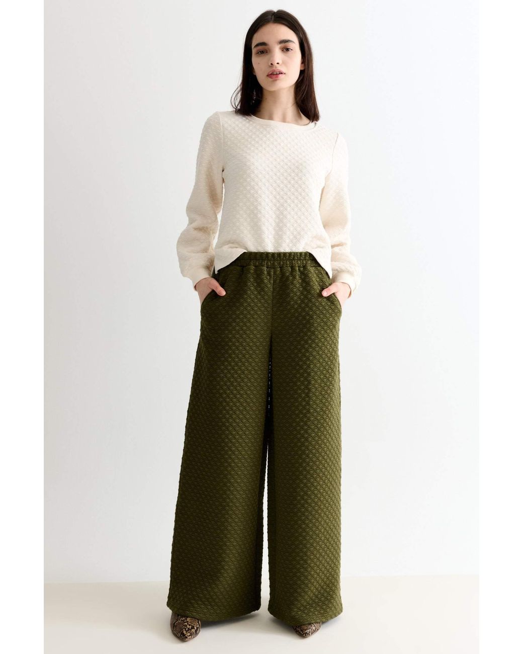 Louche Green Flory Scallop Quilt Wide Leg Trouser