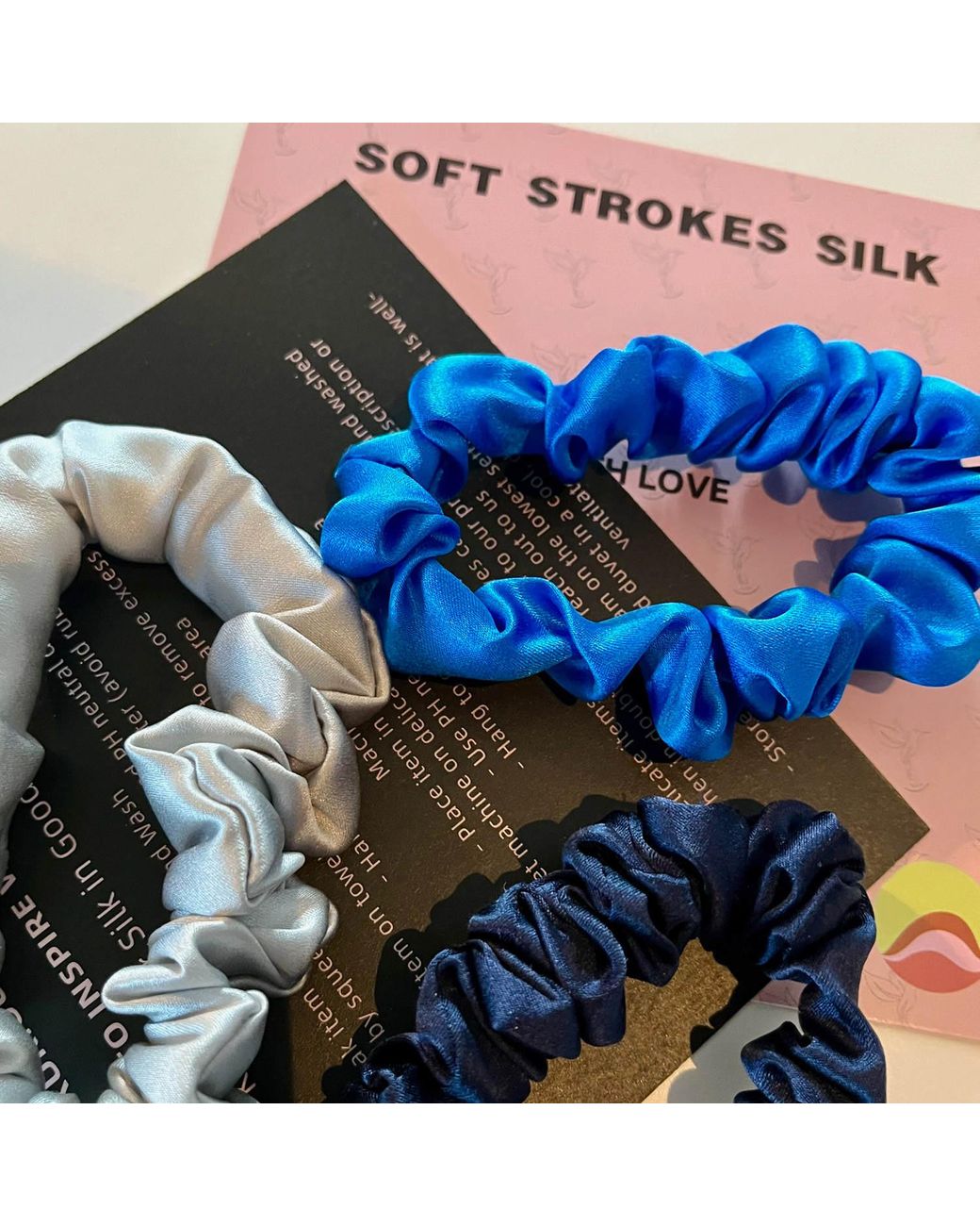 Soft Strokes Silk Blue Set Of Three Pure Mulberry Silk Mini Scrunchies Weekly Special Hair Ties Coastal Waves