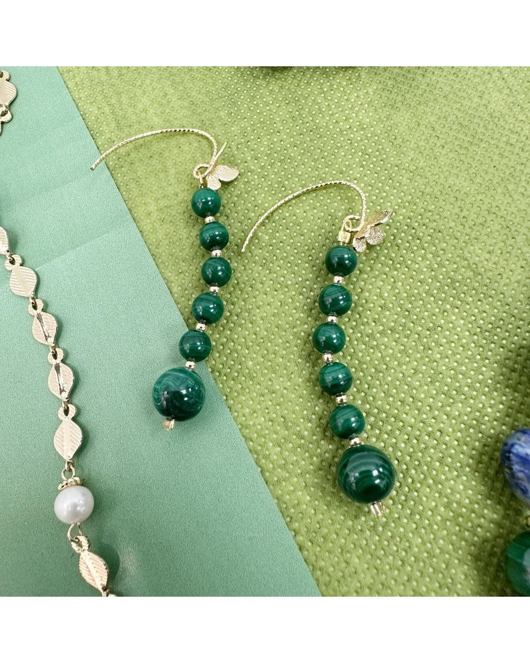 Farra Green Malachite Drops With Butterfly Hook Earrings