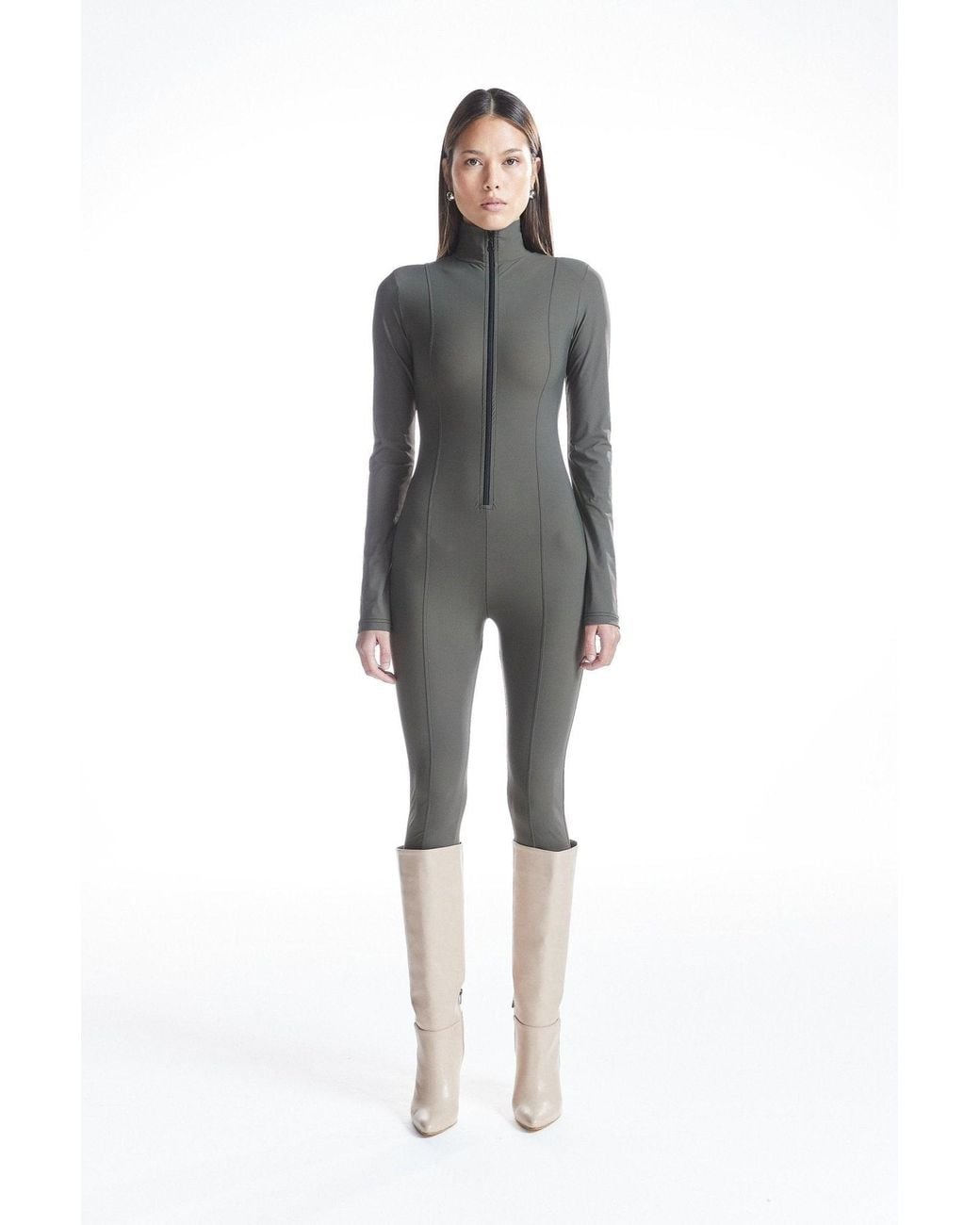 No'design Brown Zip-Up Elastic Hem Khaki Jumpsuit
