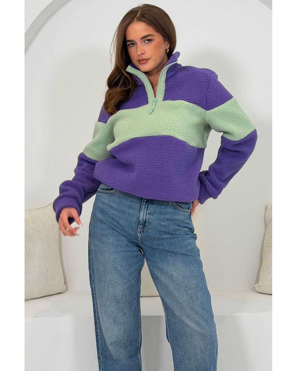 Girl In Mind Purple Beau 3/4 Zip Contrast Panel Fleece
