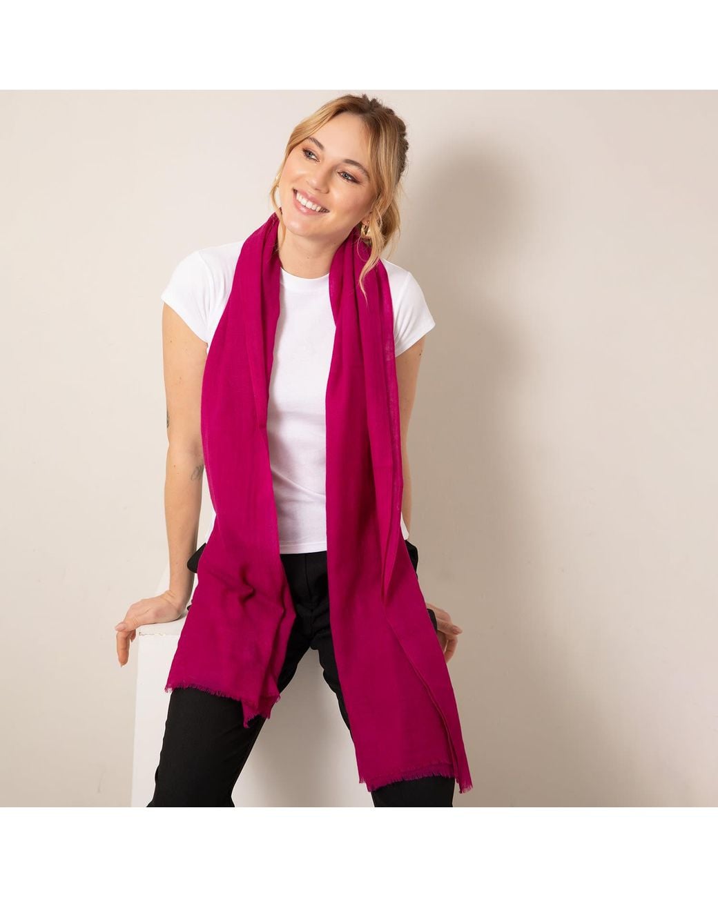 Alie Street London Red Aurielle Silk Wool Scarf Deep Fuchsia