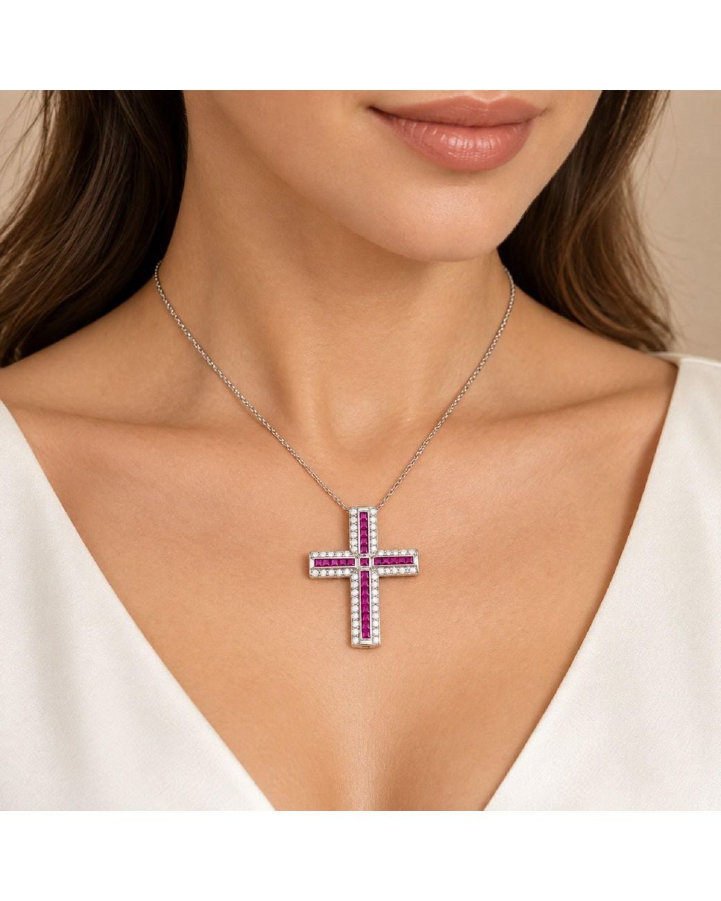 Artisan Pink 18K Ruby & Diamond Cross Pendant