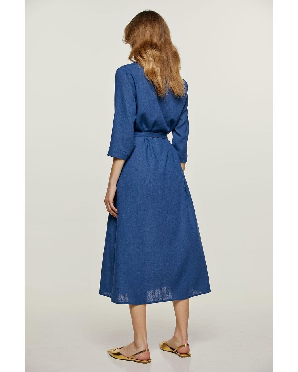Conquista Blue Linen Style Midi Dress With Belt