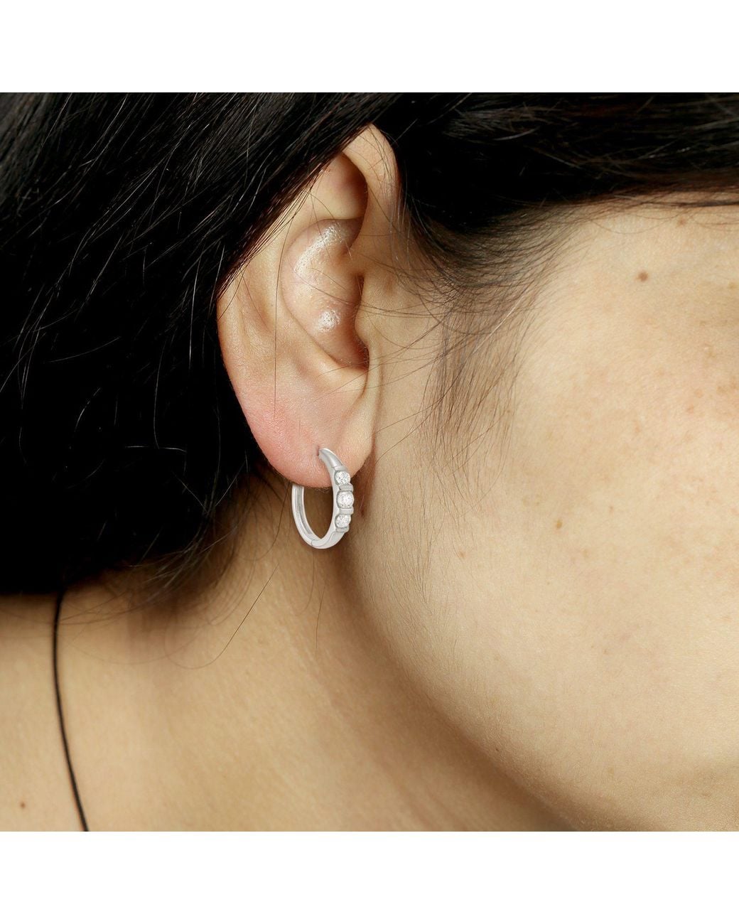 Artisan White Three-Stone Diamond Hoop Earrings