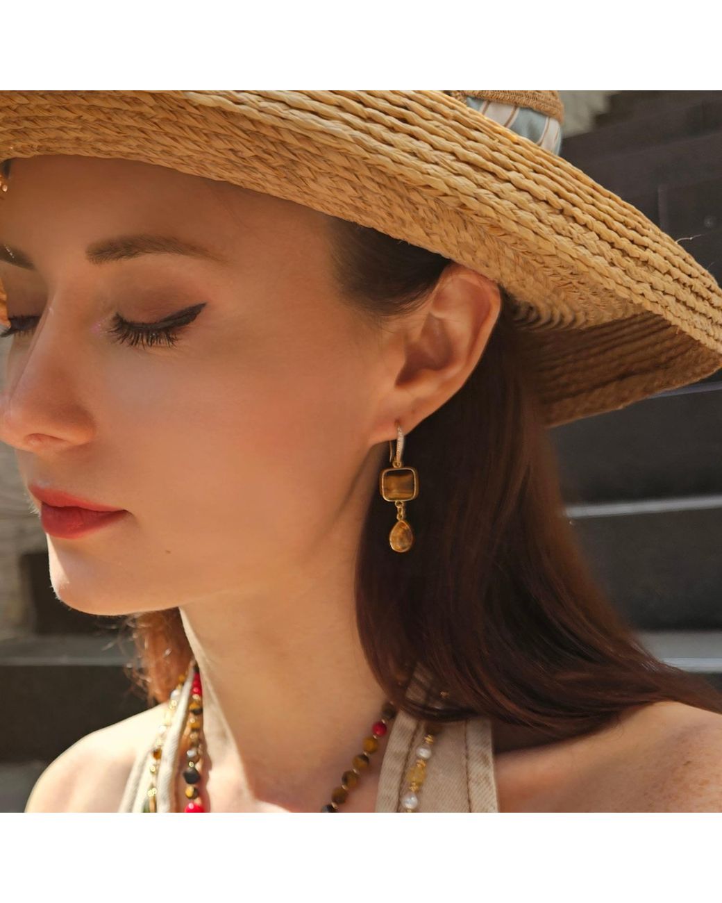 Farra Metallic Tiger Eye With Citrine Dangle Comfort Earrings