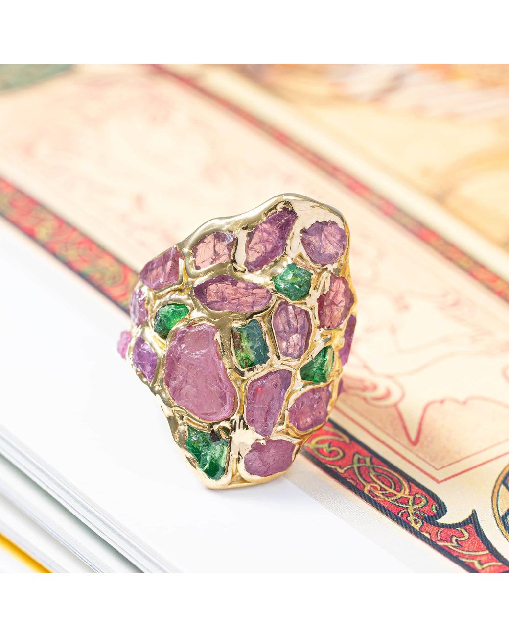 German Kabirski Pink Kelea Handcrafted Plated Ring With Raw Spinel And Tsavorite Garnet