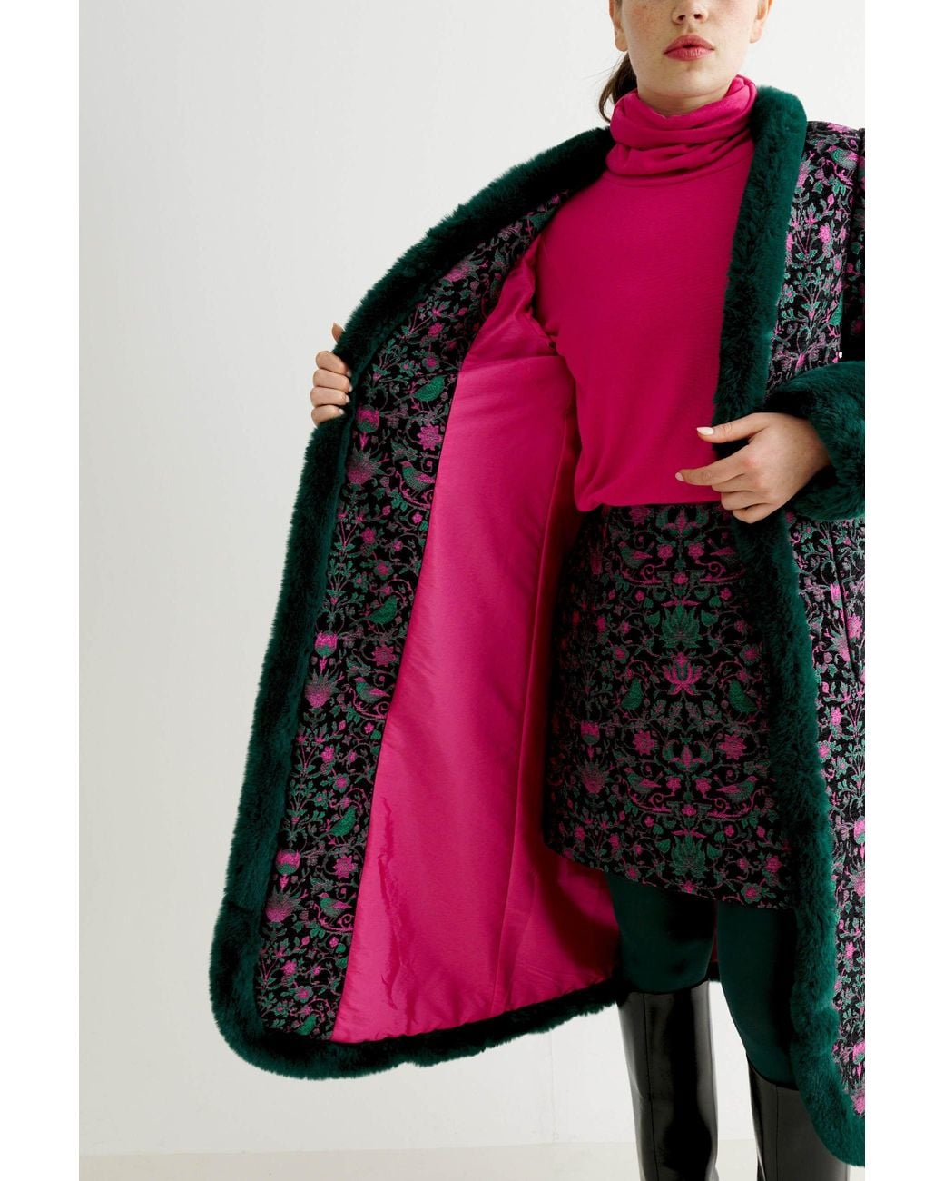 Louche Blue Delphia Belle Plume Jacquard Fur Trim Opera Coat