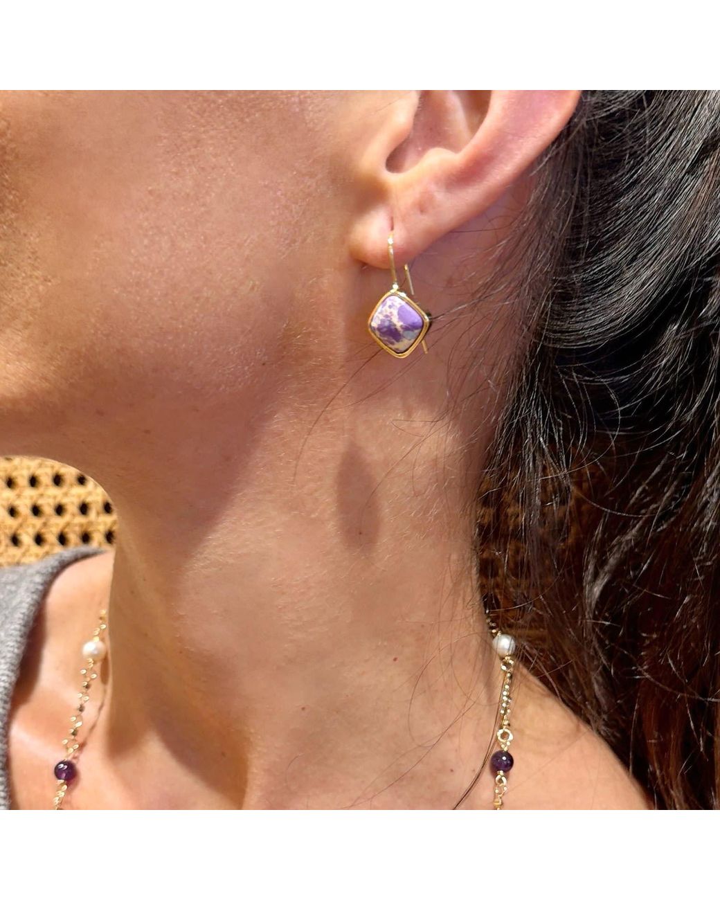 Farra Purple Minimalist Square Shaped Imperial Jasper Hoop Earrings