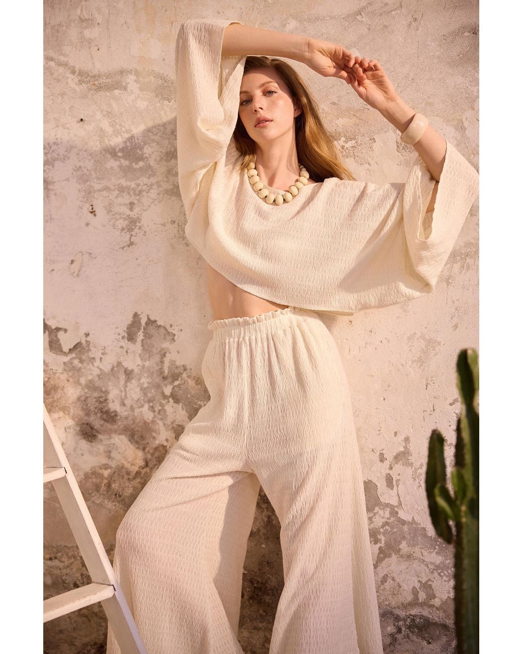 Lilamie White Neutrals Rio Loose Fit Long Sleeve Summer Blouse