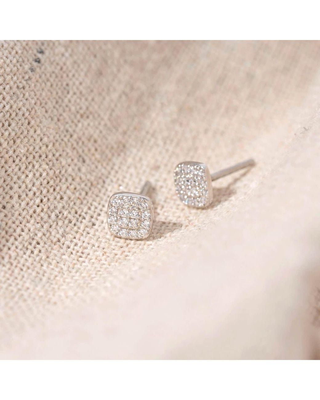 Diamonbliss Metallic Square Shape Pave Dainty Earrings, Platinum