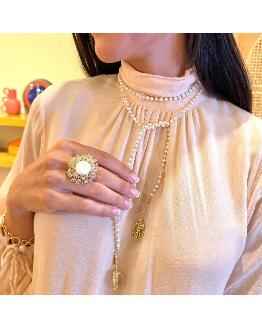 Farra Metallic Romantic Style Floral Freshwater Pearl With Crystal Cocktail Ring
