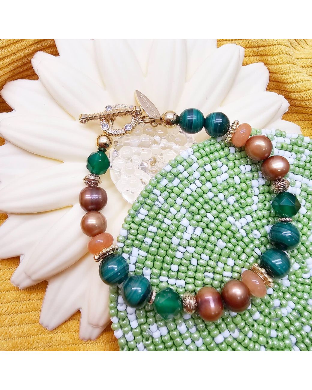 Farra Green Vintage Style Malachite With Freshwater Pearl And Gemstone Bracelet