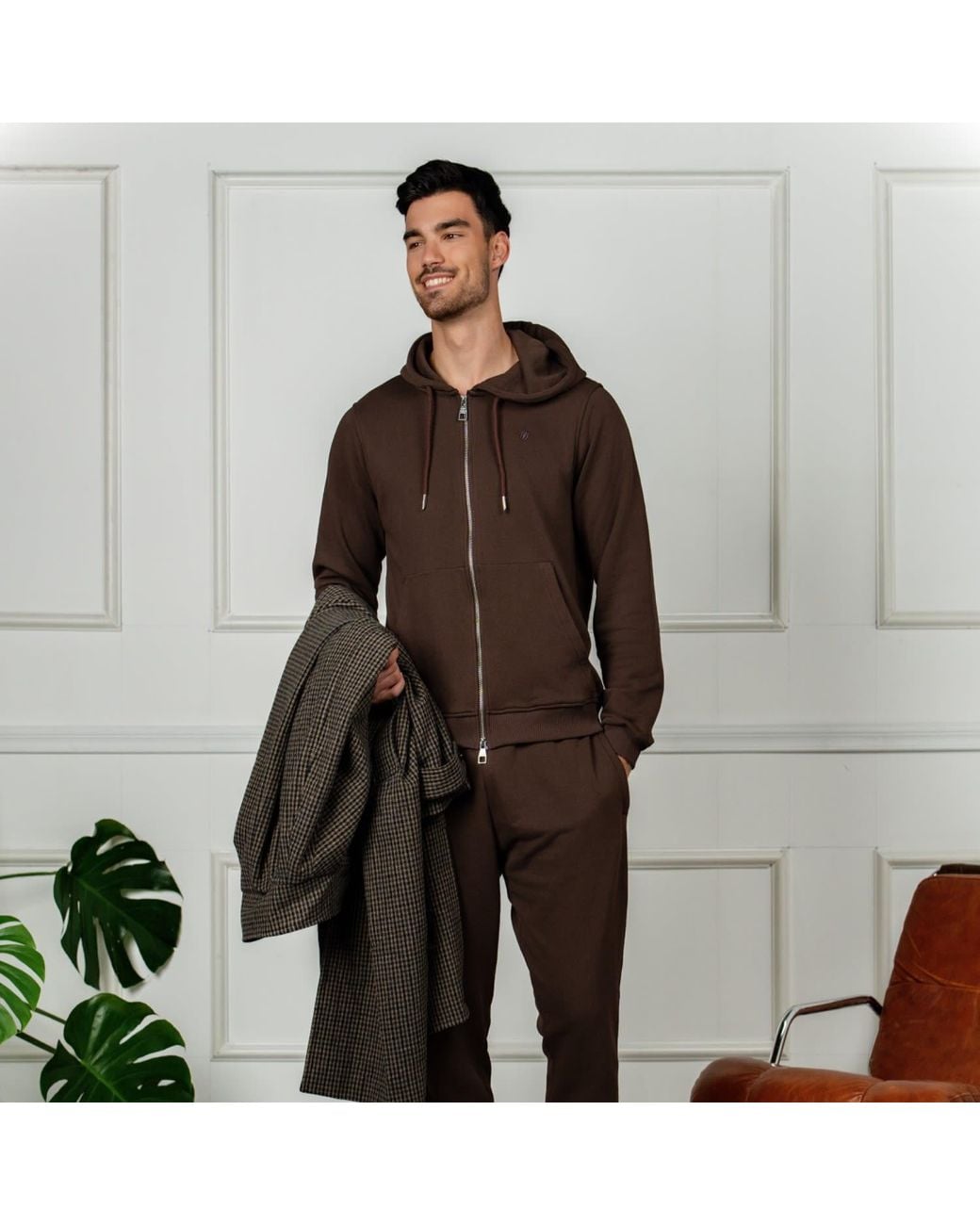 Maison Tangerine Brown Tobacco Premium Cotton Zip-Up Hoodie & Joggers Tracksuit Set For