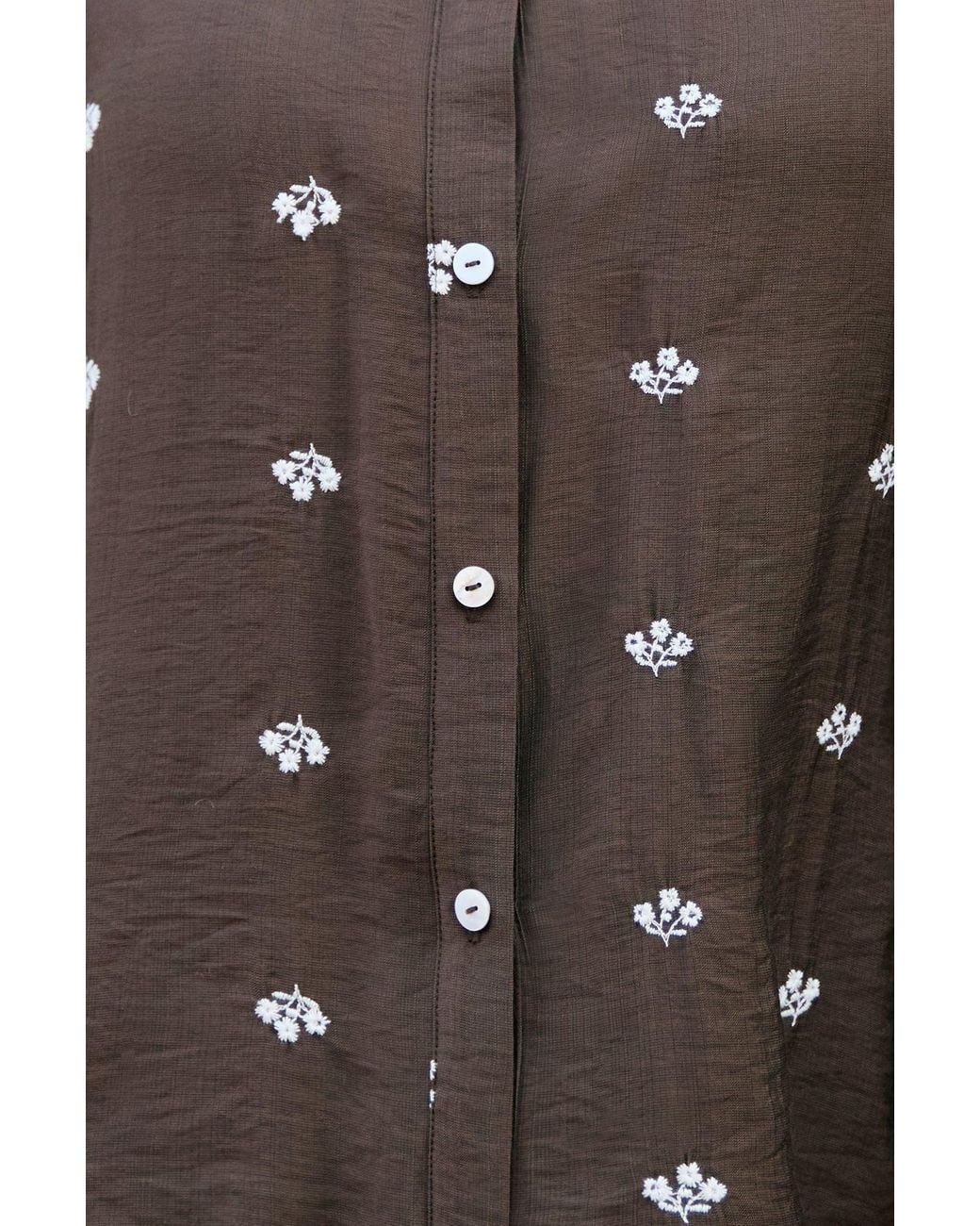 Yumi' Brown Viscose Daisy Embroidered Shirt