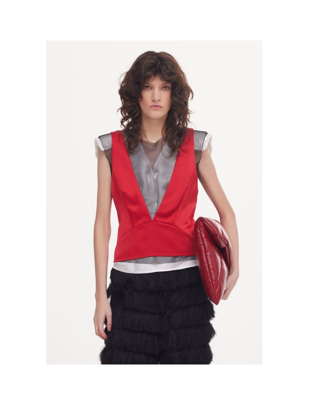 Julia Allert Red Satin Blouse With Mesh And Shoulder Pads