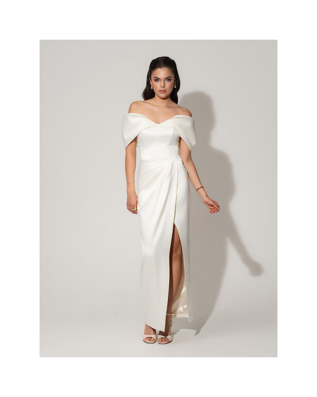 Tia Dorraine White Heavenly Kissed Draped Satin Maxi Dress