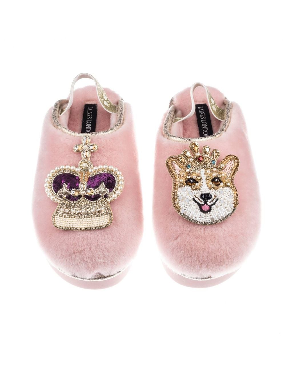 Laines London Pink Flatform Cloud Closed Toe Slippers With Corgi & Crown Brooches