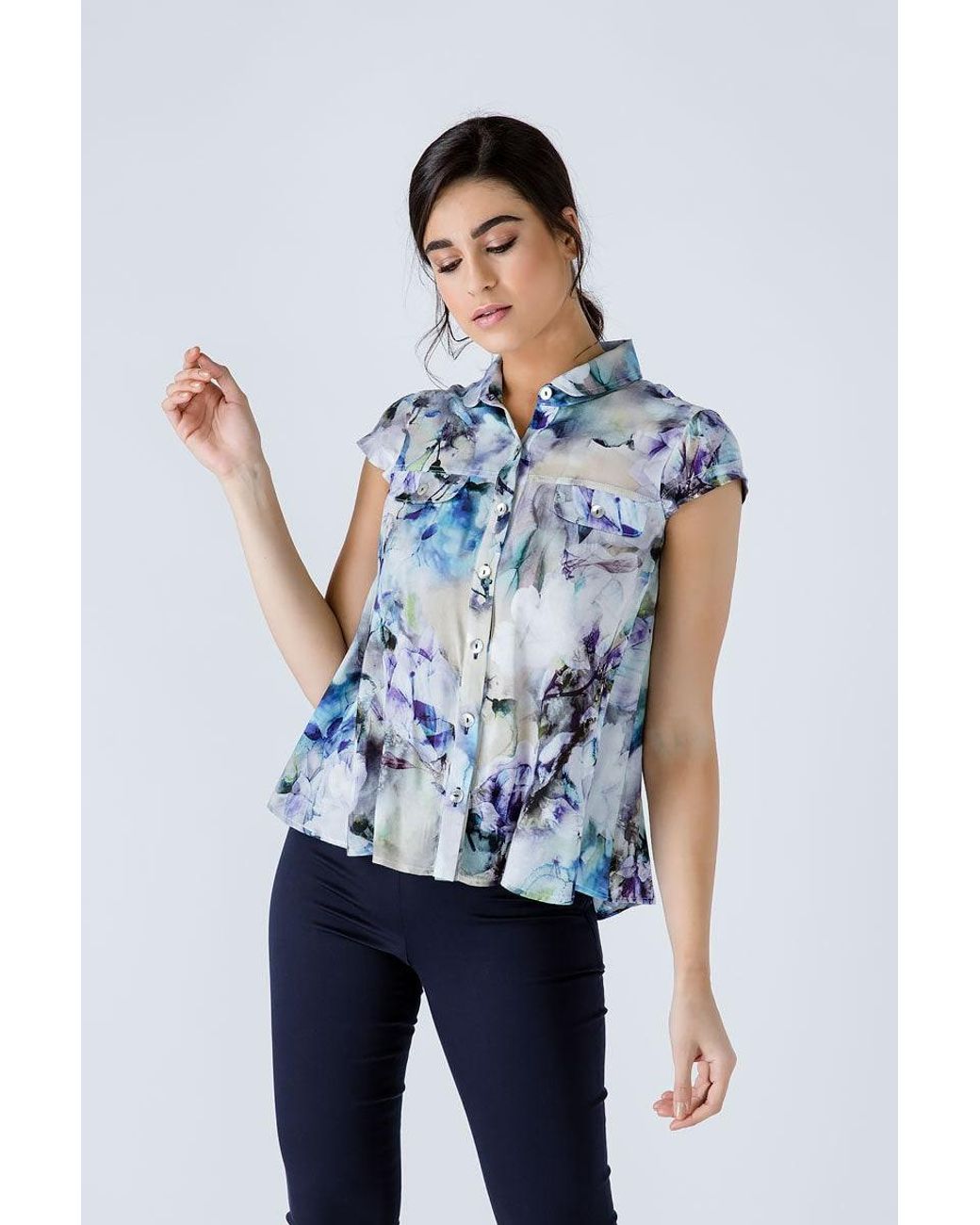 Conquista Blue Floral Cap Sleeve Shirt